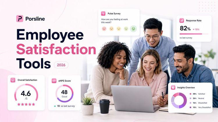 Diverse HR team reviewing employee satisfaction survey dashboard with eNPS, pulse survey and response rate insights in Porsline